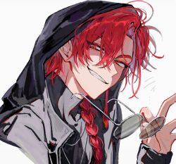  1boy black_jacket black_shirt braid braided_ponytail commentary_request earrings fang grin hair_between_eyes hair_over_shoulder holding holding_removed_eyewear hood hood_up hooded_jacket jacket jewelry long_hair long_sleeves looking_at_viewer male_focus necklace red_eyes red_hair round_eyewear shiguang_dailiren shirt simple_background single_braid single_earring smile solo sunglasses tassel tassel_earrings teeth turtleneck tyoookozuki unworn_eyewear upper_body white_background xiao_weiying 