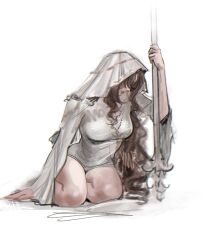  1girl absurdres aerith_gainsborough brown_hair commentary dress english_commentary final_fantasy final_fantasy_vii final_fantasy_vii:_ever_crisis full_body highres holding holding_staff jewelry long_hair mage_staff necklace simple_background sitting solo staff veil white_background white_dress white_veil ymr18 