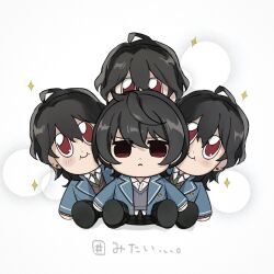  2boys black_hair blazer blue_jacket brothers closed_mouth collared_shirt commentary_request contrast_lapels dot_nose earrings ensemble_stars! green_necktie grey_sweater_vest highres jacket jewelry lapels layered_clothes layered_sleeves long_sleeves looking_at_viewer male_focus multiple_boys necktie open_clothes open_jacket pants plaid_clothes plaid_pants red_eyes sakuma_rei_(ensemble_stars!) sakuma_ritsu shirt shokupan_119 siblings sparkle stud_earrings sweater_vest v-neck 