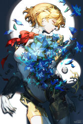  aigis_(persona) android blonde_hair blue_flower breaking broken closed_eyes closed_mouth crack damaged flower headband highres humanoid_robot joints lying mechanical_legs metal_skin on_back persona persona_3 petals rke robot robot_ears robot_girl robot_joints s.e.e.s spotlight 
