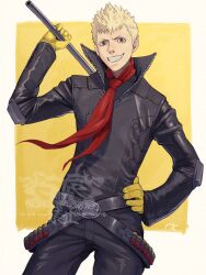  1boy 5tatsu belt belt_buckle black_jacket black_pants blonde_hair brown_eyes buckle commentary_request cowboy_shot gloves grin hand_on_own_hip highres holding holding_lead_pipe jacket lead_pipe leather leather_jacket long_sleeves looking_at_viewer male_focus necktie pants persona persona_5 red_necktie sakamoto_ryuji short_hair signature skull_(persona_5) smile solo watermark yellow_background yellow_gloves 