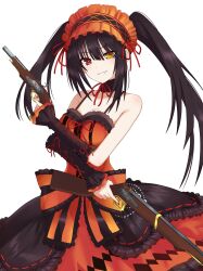  1girl absurdres bare_shoulders black_hair choker clock_eyes commentary_request date_a_live double-parted_bangs dress frilled_choker frilled_dress frilled_hairband frills gothic_lolita gun hairband handgun heterochromia highres lime_ill_10 lolita_fashion lolita_hairband long_hair looking_at_viewer red_eyes red_ribbon ribbon rifle simple_background smile solo symbol-shaped_pupils tokisaki_kurumi tokisaki_kurumi_(spirit) twintails uneven_twintails weapon white_background yellow_eyes 