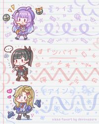  ... 3girls ahoge artist_name backpack bag black_hair blonde_hair character_name chibi chibi_only devonazureee drone eating ein_(nikke) flash_cards goddess_of_victory:_nikke hair_ornament hairclip hat highres holding jacket long_hair multiple_girls necktie purple_hair purple_jacket red_necktie rei_(nikke) school_circle_(nikke) skirt walking zwei_(nikke) 