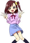  1girl :d blue_skirt bow brown_hair cowboy_shot double_v looking_at_viewer midorikawa_haru n_i_n_o open_mouth precure purple_shirt red_bow shirt short_hair side_ponytail skirt smile smile_precure! solo v white_background 