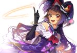  1girl black_gloves black_hat bow cowboy_shot cure_magical elbow_gloves gem gloves hat index_finger_raised izayoi_liko long_hair looking_at_viewer magical_girl mahou_girls_precure! mini_hat mini_witch_hat pink_bow precure purple_hair smile solo violet_eyes wadani_hitonori white_background witch_hat 