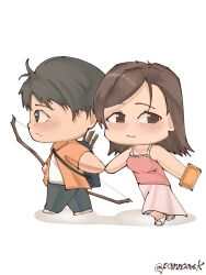  1boy 1girl blush book bow_(weapon) camisole chibi commentary commission english_commentary highres holding holding_book holding_bow_(weapon) holding_hands holding_weapon jacket keith_(lost_in_blue) leg_ribbon long_skirt lost_in_blue non-web_source orange_jacket panncaek pink_camisole ribbon simple_background skirt skye_(lost_in_blue) stick walking weapon 