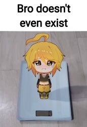  1boy ahoge akita_nero black_shirt black_shoes blonde_hair bro_doesn't_even_exist_(meme) closed_mouth crop_top detached_sleeves english_commentary highres image_macro_(meme) looking_at_viewer male_focus meme mini_person miniboy navel pleading_eyes saw_art06 shirt shoes short_hair shorts solo tears vocaloid wavy_mouth weighing_scale yellow_eyes yellow_shorts yellow_trim 