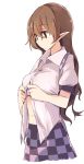  1girl bra brown_eyes brown_hair buttons checkered checkered_skirt cowboy_shot dressing himekaidou_hatate kamukamu_(ars) long_hair midriff navel pointy_ears puffy_short_sleeves puffy_sleeves purple_bra shirt short_sleeves skirt solo standing touhou underwear white_shirt 