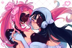  2girls absurdres alien_stage bandana black_hair bow english_commentary gloves hair_bow headset heart highres holding_hands jujih long_hair microphone mizi_(alien_stage) mizi_(zombie_stage) multiple_girls pink_bow pink_hair signature smile sua_(alien_stage) sua_(zombie_stage) twintails violet_eyes white_bandana white_gloves zombie_stage 