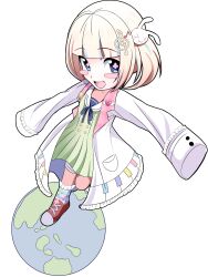  1girl absurdres blonde_hair blue_eyes blue_streaks blush blush_stickers bobby_socks coat commission cross-shaped_pupils dress earth_(planet) english_commentary frilled_coat frills from_above full_body green_dress hair_ornament highres lab_coat multicolored_hair musical_note musical_note_hair_ornament onukogirl original piano_print planet ponytail rabbit_hair_ornament red_shoes shoes short_ponytail sleeves_past_fingers sleeves_past_wrists socks solo standing standing_on_one_leg streaked_hair symbol-shaped_pupils tareme white_background winged_heart 