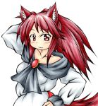  animal_ears breasts brooch brown_hair collarbone dress hand_in_hair hand_on_hip highres imaizumi_kagerou inte_(whitewolftail) jewelry long_sleeves looking_at_viewer red_eyes simple_background tail touhou traditional_media white_background wide_sleeves wolf_ears wolf_tail 