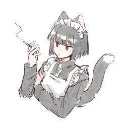  1girl animal_ears apron black_hair cat_ears cat_girl cat_tail cigarette highres holding holding_cigarette limbus_company maid maid_apron maid_headdress project_moon red_eyes ryoshu_(project_moon) short_hair simple_background smoke smoke_trail ssmr_rolling tail white_background 