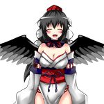  1girl :d alternate_costume bare_shoulders black_hair black_wings blush breasts cleavage closed_eyes detached_sleeves hat highres hitotsuki_nebura japanese_clothes kourindou_tengu_costume large_breasts long_hair long_sleeves looking_at_viewer obi open_mouth pom_pom_(clothes) sash shameimaru_aya smile solo tokin_hat touhou white_background wings 