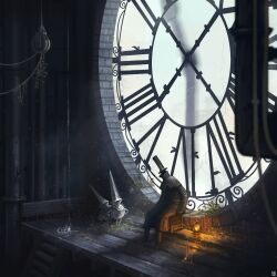  3boys absurdres architecture artist_logo black_coat black_gloves clock clock_tower coat commentary dripping english_commentary faceless gloves glowing_lantern hat highres indoors industrial_pipe lantern logo long_coat multiple_boys original overgrown oversized_clock pulley scenery top_hat tower waltjan 