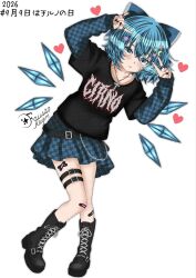  1girl \m/ alternate_costume bandaid bandaid_on_knee bandaid_on_leg belt black_boots black_nails black_shirt blue_bow blue_eyes blue_hair blue_skirt blue_sweater boots bow chain cirno cirno_day clothes_writing commentary_request crescent crescent_hair_ornament cross cross_necklace detached_wings full_body glitched_satellite hair_bow hair_ornament heart highres ice ice_wings jewelry lace-up_boots looking_at_viewer necklace plaid_clothes plaid_skirt plaid_sweater shirt simple_background skirt solo star_(symbol) star_hair_ornament sweater thigh_belt thigh_strap touhou translation_request v white_background wings 