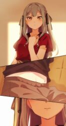  2girls aotsubaki_toto bang_dream! bang_dream!_it's_mygo!!!!! black_camisole black_ribbon blue_hair blush brown_shorts camisole closed_mouth commentary hair_ribbon highres long_hair midriff_peek misumi_uika multiple_girls navel red_shirt ribbon shirt short_sleeves shorts sweat togawa_sakiko two_side_up yellow_eyes yuri 