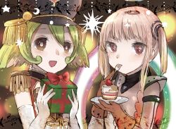  2girls brown_gloves cake commentary_request elbow_gloves food gamo_tako gift gloves green_hair hat holding holding_gift holding_plate magical_girl mahou_shoujo_ikusei_keikaku mahou_shoujo_ikusei_keikaku_limited multiple_girls open_mouth plate postarie rain_pow red_eyes short_hair smile white_gloves yellow_eyes 