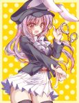  1girl adapted_costume alternate_costume animal_ears belt black_legwear blush border cuffs handcuffs hat heart heart_in_mouth jacket lavender_hair long_hair long_sleeves looking_at_viewer open_mouth panties pantyshot polka_dot polka_dot_background rabbit_ears reisen_udongein_inaba ribbon seidou_(tukinomiyako) shirt skirt smile solo thigh-highs touhou underwear violet_eyes yellow_background zettai_ryouiki 