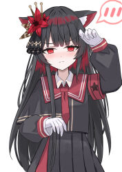 1girl absurdres animal_ear_fluff animal_ears armband black_capelet black_hair black_shirt black_skirt capelet cat_ears closed_mouth collared_shirt commentary_request cowboy_shot crown dot_nose flower gloves hair_flower hair_ornament heart highres icedream kemonomimi_mode layered_skirt long_hair long_skirt long_sleeves looking_at_viewer mahou_shoujo_no_majo_saiban mini_crown necktie nikaido_hiro overskirt paw_pose pleated_skirt red_armband red_eyes red_flower red_necktie red_skirt shirt side_capelet simple_background skirt solo spoken_heart straight-on white_background white_gloves white_shirt 