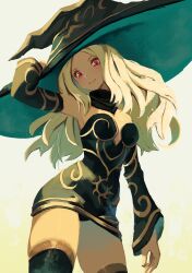  1girl absurdres black_dress black_hat black_panties black_sleeves black_thighhighs blonde_hair breasts commentary cowboy_shot detached_sleeves dress gravity_daze hat highres kitten_(gravity_daze) long_hair looking_at_viewer medium_breasts panties pantyshot solo standing strapless strapless_dress thigh-highs underwear upskirt violet_eyes white_background witch_hat yan_kodiac 