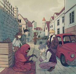  3boys 3girls absurdres bell black_hair black_skirt black_vest blonde_hair brown_hair brown_jacket brown_robe brown_shoes car clothes_lift collared_shirt commentary daan_(fear_&amp;_hunger) eyepatch fear_&amp;_hunger_(series) fear_&amp;_hunger_2:_termina fingerless_gloves fortune_teller_(fear_&amp;_hunger) gloves green_jumpsuit grey_hair hands_in_pockets highres holding holding_bell hooded_robe inquisitor_(fear_&amp;_hunger) jacket jumpsuit karin_(fear_&amp;_hunger) levi_(fear_&amp;_hunger) long_sleeves marina_(fear_&amp;_hunger) medical_eyepatch min90084 motor_vehicle multiple_boys multiple_girls necktie open_clothes open_jacket outdoors pants pink_skirt purple_pants purple_skirt red_car red_robe robe shirt shirt_lift shoes skirt squatting town untranslatable_commentary vest white_shirt yellow_eyes 