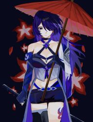  1girl acheron_(honkai:_star_rail) black_background choker commentary_request crop_top detached_sleeves flower hair_over_one_eye highres holding holding_umbrella honkai:_star_rail honkai_(series) jacket leg_tattoo long_hair multicolored_hair oil-paper_umbrella open_clothes open_jacket pomule0_0 purple_hair red_flower shorts single_detached_sleeve single_thighhigh strap streaked_hair tattoo thigh-highs umbrella violet_eyes 