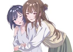  2girls black_eyes black_hair blush braid brown_hair collared_shirt commentary_request commission fang green_skirt grey_shirt half_up_braid highres hug hug_from_behind inaya korean_commentary long_hair miyagi_shiori multiple_girls one_eye_closed parted_lips second-party_source sendai_hazuki shirt shuuniichido_classmate_wo_kau_hanashi simple_background skirt smile sweater violet_eyes white_background white_shirt yellow_sweater yuri 