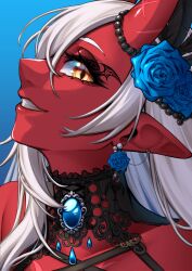  1girl absurdres akumi_(yoclesh) blue_flower blue_rose colored_skin earrings flower flower_earrings from_side hair_flower hair_ornament highres horns indie_virtual_youtuber jewelry kella_(artist) long_hair oni pointy_ears red_horns red_oni red_skin rose scar scar_on_horns skin-covered_horns solo virtual_youtuber white_hair yellow_eyes 