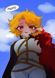  1girl black_coat blonde_hair breasts closed_mouth coat collared_shirt commentary_request don_quixote_(project_moon) feathers goldenappl88869 highres jacket korean_commentary lapels limbus_company long_sleeves looking_at_viewer notched_lapels pants parted_bangs project_moon red_eyes red_feathers sancho_(project_moon) shirt short_hair solo white_shirt 