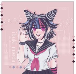  1girl alternate_hair_length_(shorter) alternate_hairstyle black_hair black_sailor_collar black_scrunchie black_skirt blue_hair blue_streaks blush border character_name collared_shirt commentary danganronpa_(series) danganronpa_2:_goodbye_despair ear_piercing elbow_gloves english_commentary english_text eyelashes face_piercing gloves hair_horns highres mioda_ibuki mouth_piercing multicolored_hair musical_note neckerchief nocterune open_mouth piercing pink_background pink_eyes pink_gloves pink_hair pink_neckerchief pink_streaks sailor_collar school_uniform scrunchie serafuku shirt short_hair short_sleeves single_elbow_glove skirt smile solo streaked_hair striped_clothes striped_gloves teeth upper_body upper_teeth_only waving white_border white_hair white_shirt wrist_scrunchie 