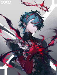  1boy arknights arknights:_endfield armor bishounen black_jacket black_sweater blood blood_halo camille_(arknights) chest_jewel commentary_request crystal_earrings earrings elbow_gloves gloves green_hair halo hand_on_own_chest highres jacket jewelry korean_commentary liquid_halo looking_at_viewer male_focus multicolored_hair neck_tattoo parted_bangs pauldrons pinstripe_jacket pinstripe_pattern pointy_ears red_gloves red_streaks rke short_hair shoulder_armor single_elbow_glove single_pauldron solo spiked_halo streaked_hair sweater tattoo turtleneck turtleneck_sweater upper_body vampire 