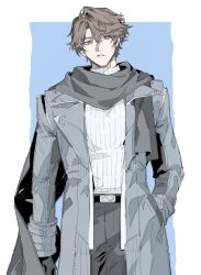  1boy belt belt_buckle black_belt black_gloves black_pants blue_background border brown_eyes brown_hair buckle coat commentary_request cowboy_shot gloves grey_coat grey_scarf hand_in_pocket highres honkai_(series) honkai_impact_3rd long_sleeves looking_at_viewer male_focus open_clothes open_coat outside_border pants parted_lips pokashi ribbed_sweater scarf short_hair simple_background solo standing sweater turtleneck turtleneck_sweater welt_yang white_border white_sweater 