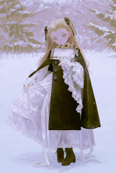  1girl absurdres blonde_hair boots coat commentary dress expressionless fkey forehead forest full_body grey_eyes highres long_hair looking_at_viewer nature original outdoors scarf snow solo untranslatable_commentary white_dress winter 