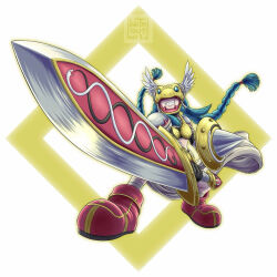  1girl ankle_boots armor bandaged_leg bandages black_collar black_gloves black_tube_top blue_hair boots braid buckler collar commentary covered_eyes digimon digimon_(creature) elbow_gloves english_commentary flat_chest floating_hair full_body gauntlets gloves gold_armor gold_helmet grin hair_ribbon helmet helmet_over_eyes highres holding holding_shield huge_weapon long_hair midriff minervamon red_boots ribbon shield shoulder_pads sidelocks signature smile solo standing strapless sunrise_stance sword teeth tress_ribbon tube_top twin_braids very_long_hair waist_cape weapon white_background winged_helmet with_out_will 