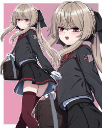  1girl bag black_jacket black_ribbon black_skirt blush brown_twintails_girl_(yakob_labo) commentary_request gloves hair_ribbon highres jacket long_hair long_sleeves looking_at_viewer open_mouth original outline red_eyes red_thighhighs ribbon school_bag school_emblem school_uniform shirt_tucked_in sidelocks simple_background skindentation skirt smile thigh-highs twintails white_gloves white_outline yakob_labo zoom_layer 