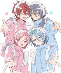  4boys :3 :d :q ;d absurdres ahoge alternate_costume amagi_rinne apron blue_eyes blue_hair blue_jacket blush closed_mouth commentary crazy_b_(ensemble_stars!) crb2500 crossdressing crossdressing_(mtf) earclip earrings enmaided ensemble_stars! frilled_straps grey_hair gyaru_v hair_between_eyes heart highres himeru_(ensemble_stars!) jacket jersey_maid jewelry licking_lips long_hair long_hair_between_eyes looking_at_viewer low_ponytail maid maid_apron maid_headdress male_focus male_maid multiple_boys one_eye_closed open_mouth oukawa_kohaku outstretched_arm pink_hair pink_jacket ponytail red_hair shiina_niki short_hair simple_background smile tongue tongue_out track_jacket unconventional_maid untranslatable_commentary upper_body v violet_eyes white_apron white_background yellow_eyes 