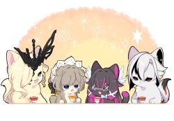  4girls arlecchino_(genshin_impact) black_eyes black_hair blonde_hair blue_eyes brown_hair cat closed_eyes columbina_(genshin_impact) commentary_request cup dog genshin_impact grey_eyes hair_ornament highres holding holding_cup long_hair looking_at_another multicolored_hair multiple_girls nasuka_gee open_mouth pink_hair sandrone_(genshin_impact) short_hair signora_(genshin_impact) smile tail teacup veil white_hair wings 