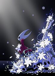  1girl arthropod_girl black_eyes black_skin broken broken_mask broken_vessel_(hollow_knight) broken_weapon cloak colored_skin cracked_mask flower from_behind full_body highres hollow_eyes hollow_knight horned_mask hornet_(hollow_knight) horns knight_(hollow_knight) mask merediankora nail_(hollow_knight) red_cloak weapon white_flower white_mask 