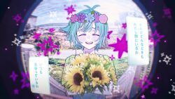  1boy absurdres antenna_hair basil_(headspace)_(omori) basil_(omori) blue_overalls blush closed_eyes colored_skin commentary crossed_arms english_commentary flower flower_wreath green_hair green_shirt head_wreath highres male_focus monitoring_(vocaloid) nuarle omori open_mouth overalls shirt short_hair short_sleeves smile solo t-shirt teeth tongue translation_request upper_body white_skin 