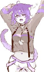  1girl ahoge animal_collar animal_ear_fluff animal_ears black_collar black_hoodie blush breasts cat_ears cat_girl cat_tail clothes_lift collar commentary_request cropped_hoodie food food_print hair_between_eyes highres hololive hood hoodie hoodie_lift long_sleeves medium_breasts messy_hair midriff navel neko_nekotaai nekomata_okayu nekomata_okayu_(1st_costume) onigiri onigiri_print open_mouth pants partially_colored purple_hair purple_tail short_hair simple_background sleepy solo stomach stretching sweatpants tail violet_eyes virtual_youtuber waking_up white_background yawning 