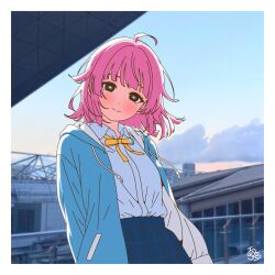  1girl absurdres ahoge blue_jacket blue_skirt border closed_mouth commentary_request cowboy_shot highres hood hood_down hooded_jacket jacket kishimen_hair looking_at_viewer love_live! love_live!_nijigasaki_high_school_idol_club medium_hair neck_ribbon nijigasaki_school_uniform open_clothes open_jacket outdoors photo_background pink_hair pleated_skirt ribbon school_uniform shirt sidelocks signature skirt smile solo summer_uniform tennoji_rina uyu1023 white_border white_shirt yellow_ribbon 