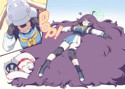  1boy 1girl absurdly_long_hair absurdres big_hair black_gloves blue_archive blue_eyes blue_serafuku blue_skirt blush boots chest_harness combat_helmet commentary commission doodle_sensei_(blue_archive) english_commentary gloves green_halo halo harness helmet highres knee_pads lace-up_boots long_hair long_sleeves lying_on_hair neckerchief pleated_skirt projectorzero purple_hair removing_helmet saki_(blue_archive) school_uniform second-party_source sensei_(blue_archive) serafuku simple_background skirt squiggle tactical_school_uniform two-tone_skirt unworn_headwear unworn_helmet very_long_hair white_helmet white_skirt yellow_neckerchief 