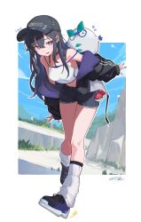  1girl absurdres bare_shoulders baseball_cap black_choker black_hair black_hat black_jacket black_shoes blue_hair blue_sky border breasts character_name choker commentary cropped_shirt crossed_bangs crossover day denim denim_shorts ear_piercing earrings galarian_darumaka hair_between_eyes hat highres ichinose_uruha ichinose_uruha_(8th_costume) jacket jacket_partially_removed jewelry leaning_forward leg_warmers long_hair looking_at_viewer medium_breasts midriff mountainous_horizon multicolored_hair navel off_shoulder open_clothes open_jacket open_mouth outdoors outside_border path piercing poke_ball pokemon pokemon_(creature) pokemon_on_back purple_jacket purple_shoes shirt shoes short_shorts shorts signature simuyutou sky sleeveless sleeveless_shirt sleeves_past_wrists smile sneakers star_(symbol) striped_clothes striped_jacket stud_earrings two-sided_fabric two-sided_jacket violet_eyes vspo! white_border white_shirt 