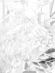  1girl abstract clear_yuri commentary_request greyscale highres long_hair looking_ahead looking_at_viewer monochrome no_mouth original solo straight-on 