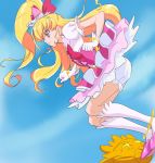  1girl asahina_mirai blonde_hair bloomers cure_miracle earrings haruyama_kazunori hat jewelry long_hair magical_girl mahou_girls_precure! precure side_ponytail sky solo underwear violet_eyes witch_hat 