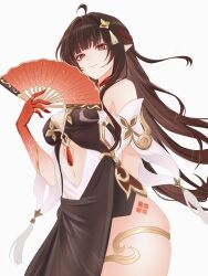  1girl breasts brown_eyes brown_hair colored_extremities commentary_request hand_fan highres holding holding_fan honkai:_star_rail honkai_(series) large_breasts lingsha_(honkai:_star_rail) long_hair mature_female nunn_tarou0321 red_hands 