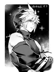  1boy 2026 alternate_costume arm_up beret black_ribbon black_shirt black_sleeves border closed_mouth cloud_strife dated detached_sleeves donggu6813 final_fantasy final_fantasy_vii greyscale hair_between_eyes hat highres male_focus monochrome ribbon shirt short_hair sleeveless sleeveless_turtleneck solo sparkle spiky_hair turtleneck white_border 