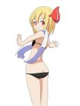  1girl :o ass back bikini black_bikini blonde_hair cato_(monocatienus) flat_chest hair_ribbon looking_at_viewer open_mouth outstretched_arms red_eyes ribbon rumia scarf solo swimsuit touhou 