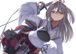  1girl absurdres apron arrow_(projectile) brown_eyes brown_gloves commentary_request fei_(feikotake) gloves grey_hair hakama hakama_shorts hand_on_own_hip headband high_ponytail highres japanese_clothes kantai_collection kimono long_hair muneate partially_fingerless_gloves ponytail red_shorts shorts simple_background single_glove solo striped_headband whistle whistle_around_neck white_kimono yugake zuihou_(kancolle) 