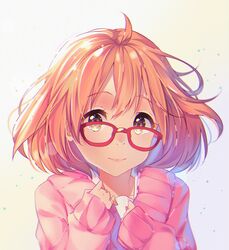  blush brown_eyes brown_hair glasses jacket kuriyama_mirai kyoukai_no_kanata short_hair 